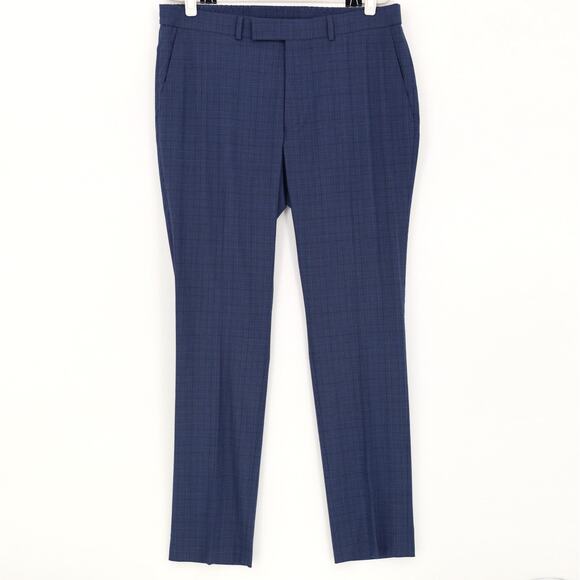 Kenneth Cole Reaction Men's Blue Plaid Office Slim-Fit Dress Pants Size 37x32